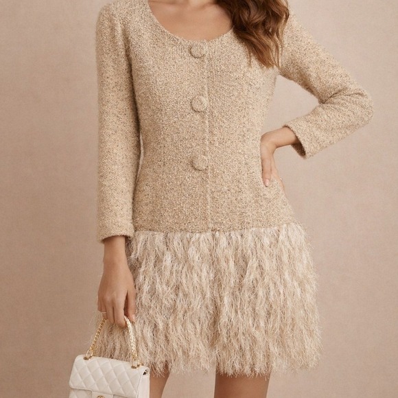 SofieMae Jackets & Blazers - SofieMae Tweed Fringe Jacket Dress Beige Button Front Size M Chic
